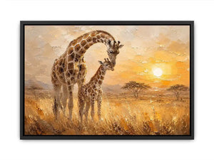 Giraffe mother and calf safari canvas art for modern living room or nursery decor.