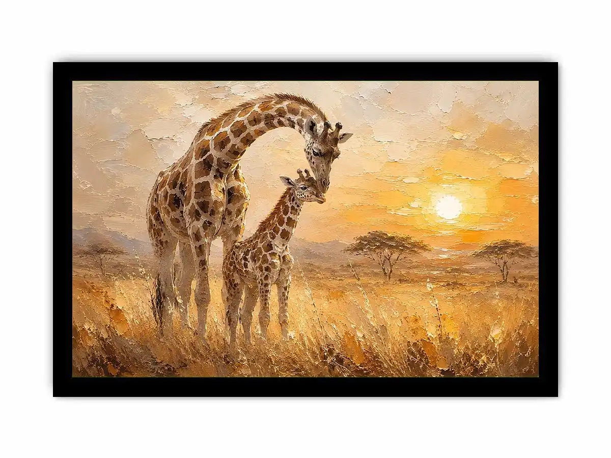 Giraffe mother and calf safari canvas art for modern living room or nursery decor.
