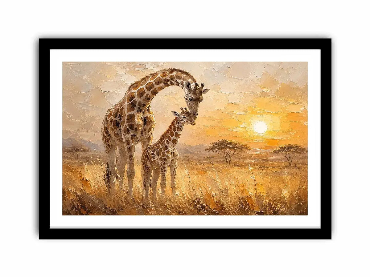 Giraffe mother and calf safari canvas art for modern living room or nursery decor.