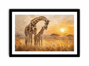 Giraffe mother and calf safari canvas art for modern living room or nursery decor.