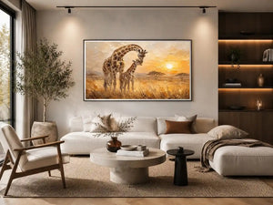 Giraffe mother and calf safari canvas art for modern living room or nursery decor.