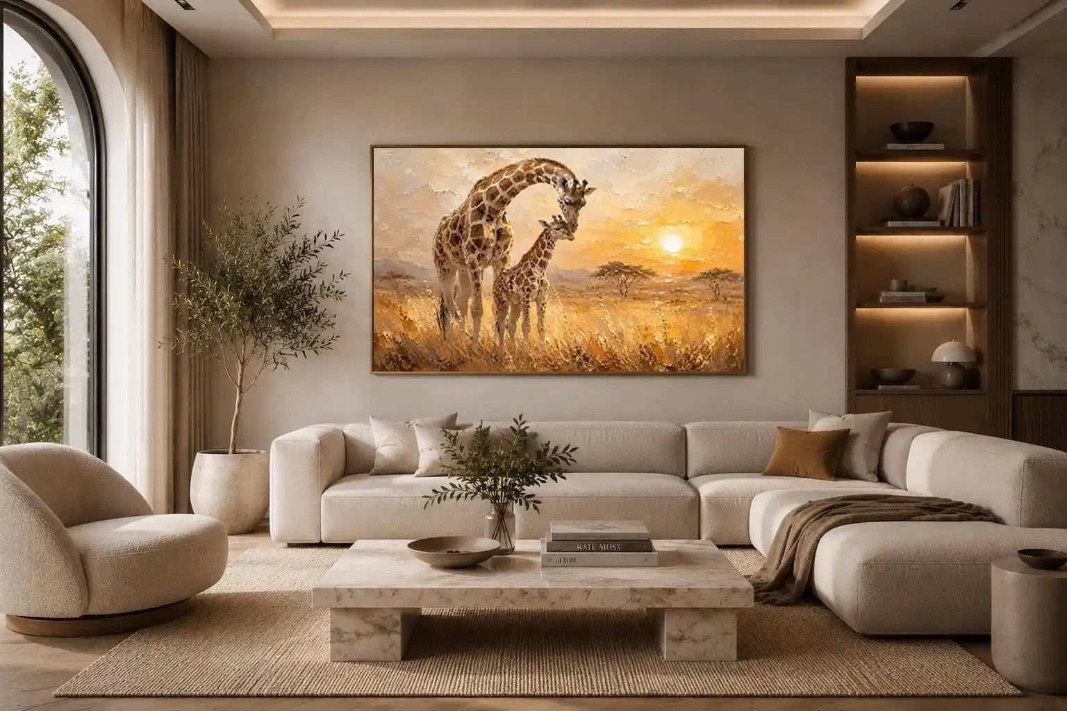 Giraffe mother and calf safari canvas art for modern living room or nursery decor.