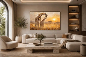 Giraffe mother and calf safari canvas art for modern living room or nursery decor.