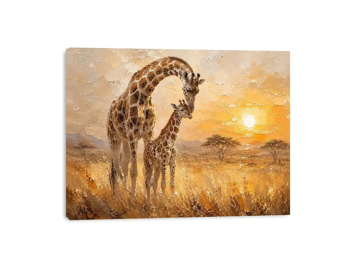 Giraffe mother and calf safari canvas art for modern living room or nursery decor.