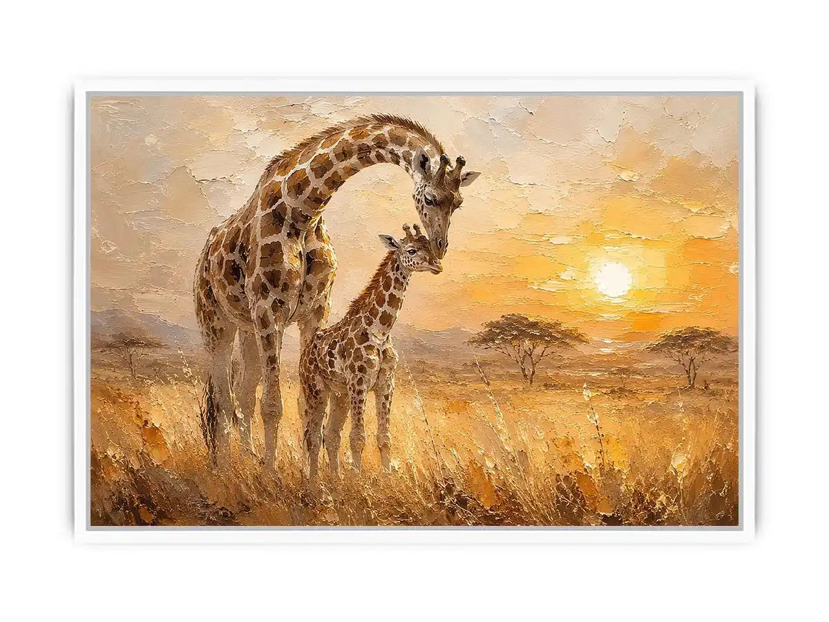 Giraffe mother and calf safari canvas art for modern living room or nursery decor.