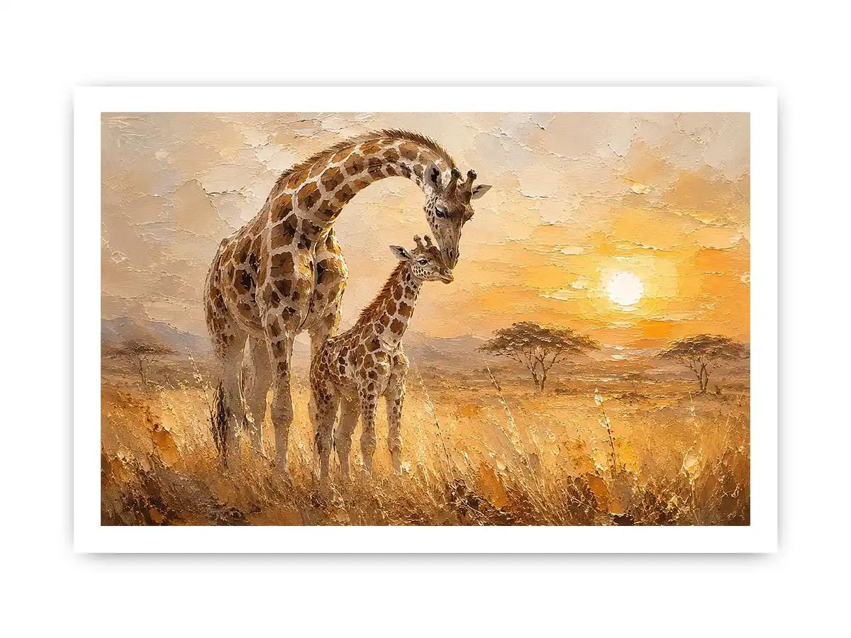Giraffe mother and calf safari canvas art for modern living room or nursery decor.