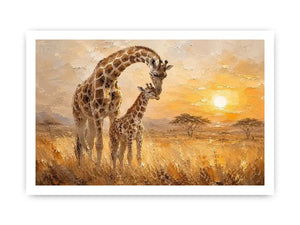 Giraffe mother and calf safari canvas art for modern living room or nursery decor.