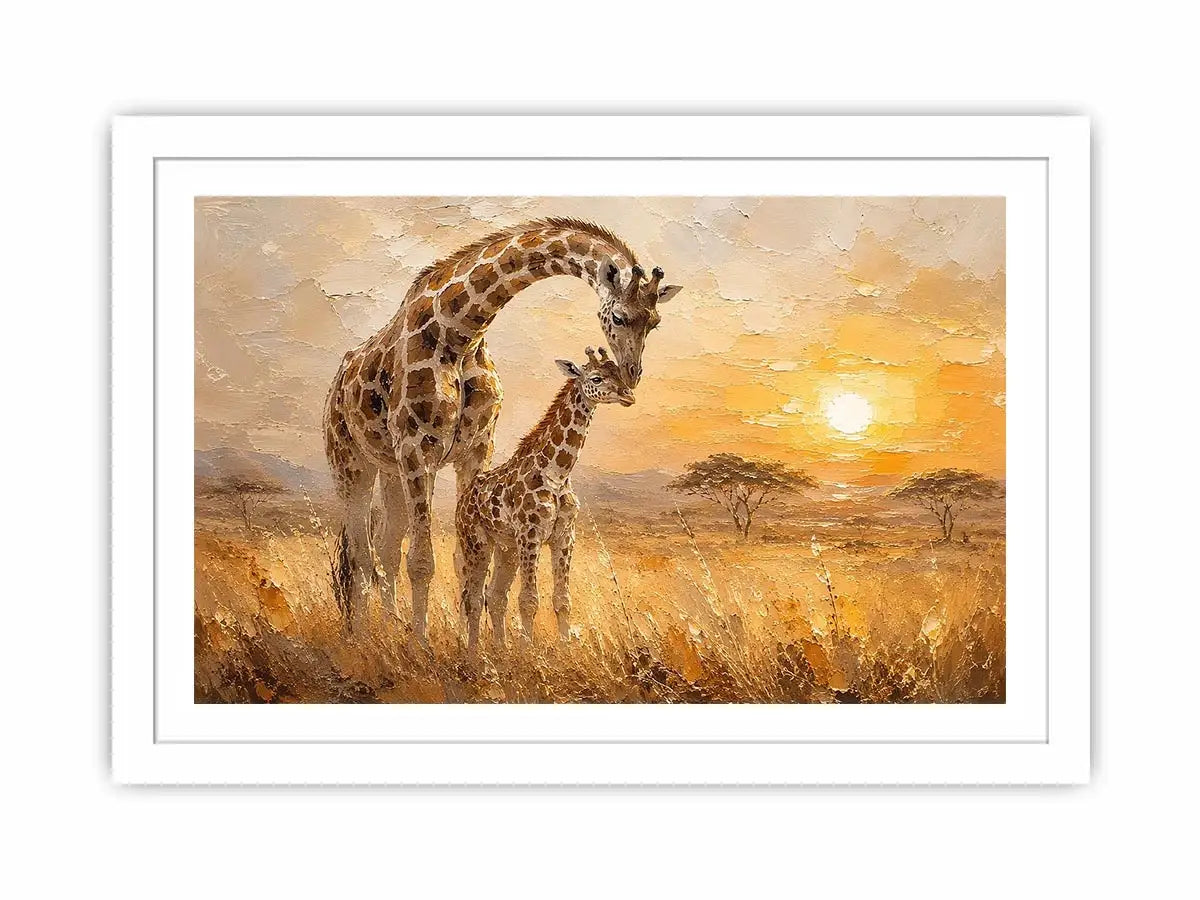 Giraffe mother and calf safari canvas art for modern living room or nursery decor.