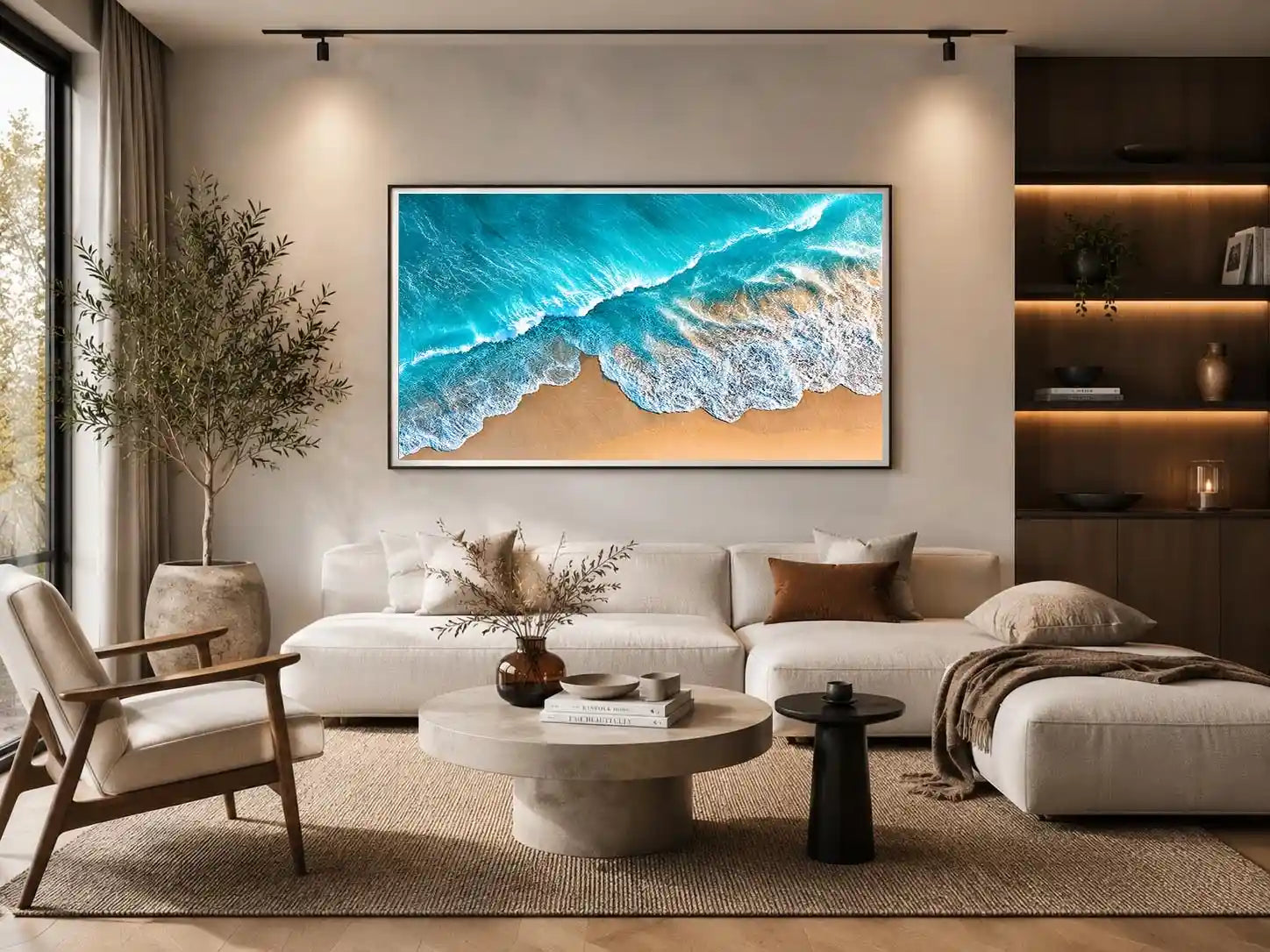 Aerial turquoise ocean beach canvas print with white foamy waves washing over sandy shore and tropical coastal water view