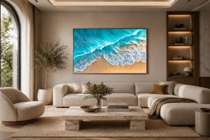 Aerial turquoise ocean beach canvas print with white foamy waves washing over sandy shore and tropical coastal water view