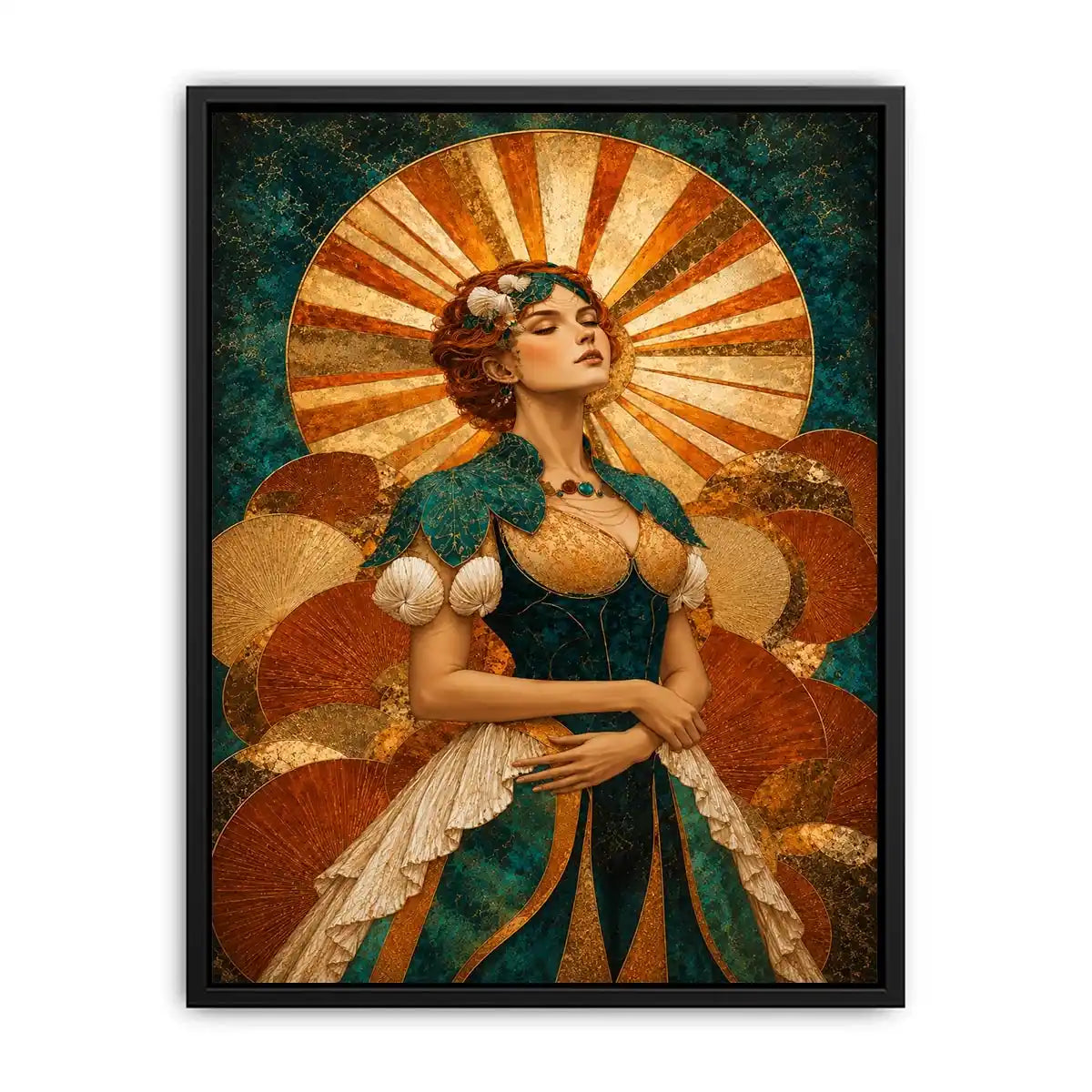 Art deco woman canvas wall art in teal and gold for luxury decor.