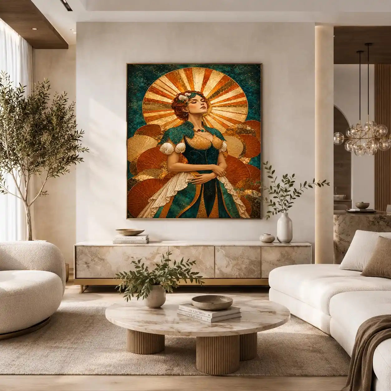 Art deco woman canvas wall art in teal and gold for luxury decor.