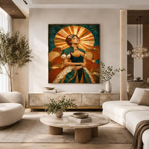Art deco woman canvas wall art in teal and gold for luxury decor.