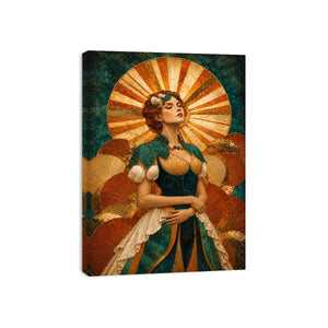 Art deco woman canvas wall art in teal and gold for luxury decor.