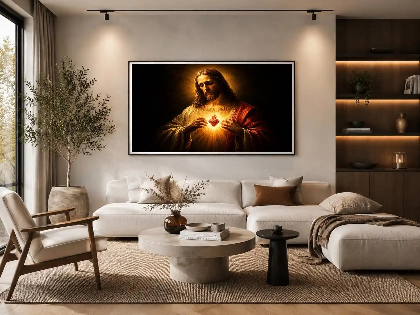 Dark sacred heart Jesus canvas art for traditional living room decor.