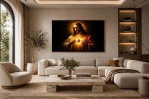 Dark sacred heart Jesus canvas art for traditional living room decor.