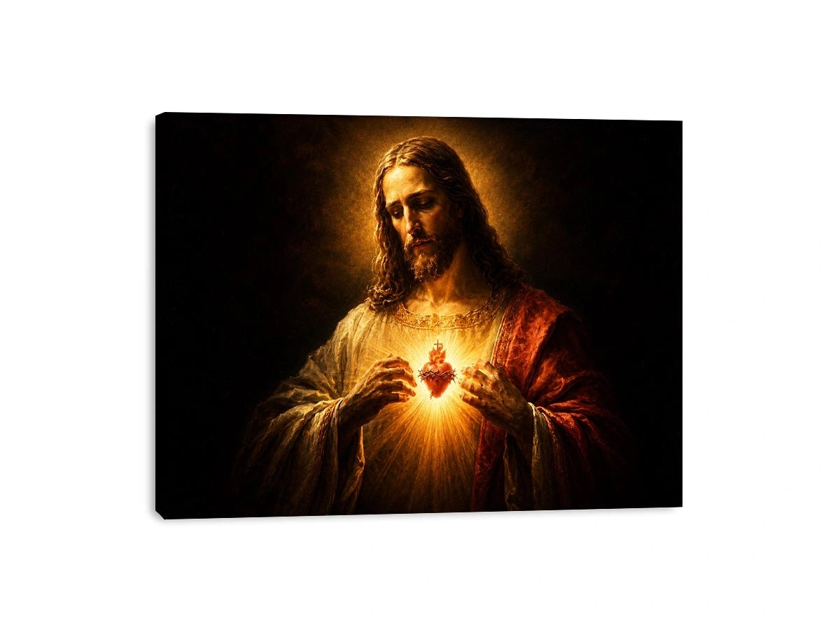 Dark sacred heart Jesus canvas art for traditional living room decor.