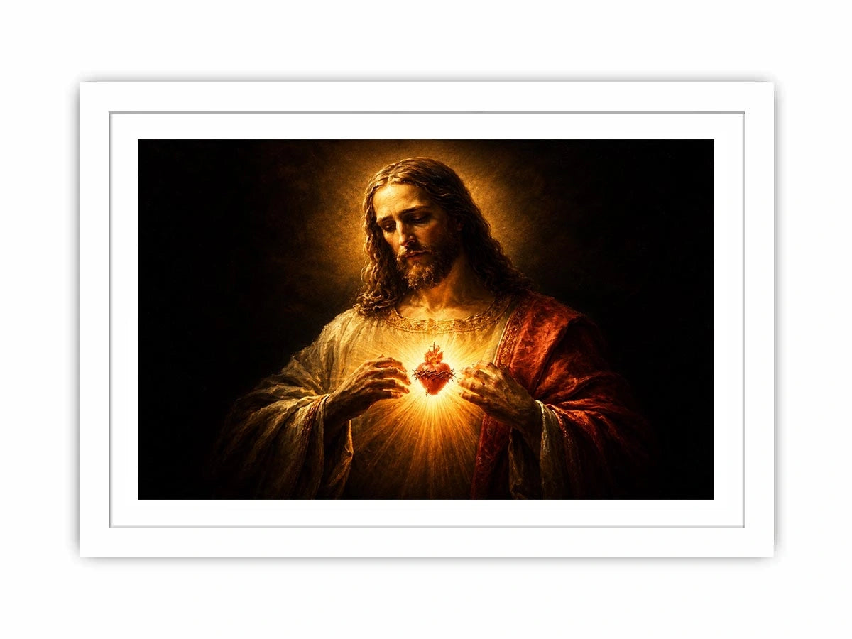 Dark sacred heart Jesus canvas art for traditional living room decor.