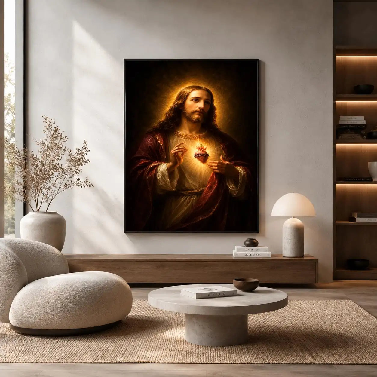 Classic sacred heart Jesus portrait canvas art for bedroom decor.
