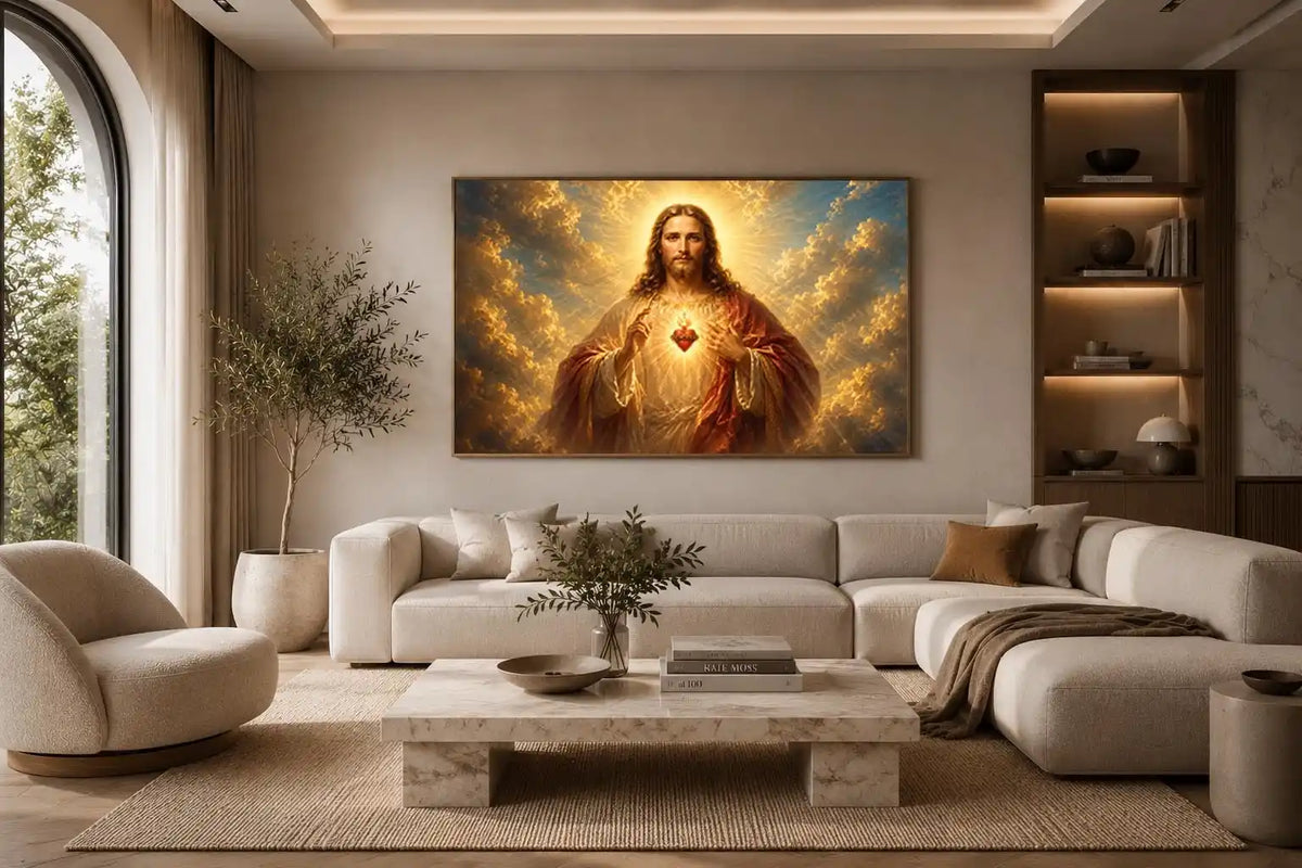 Radiant sacred heart Jesus canvas wall art for classic home decor.