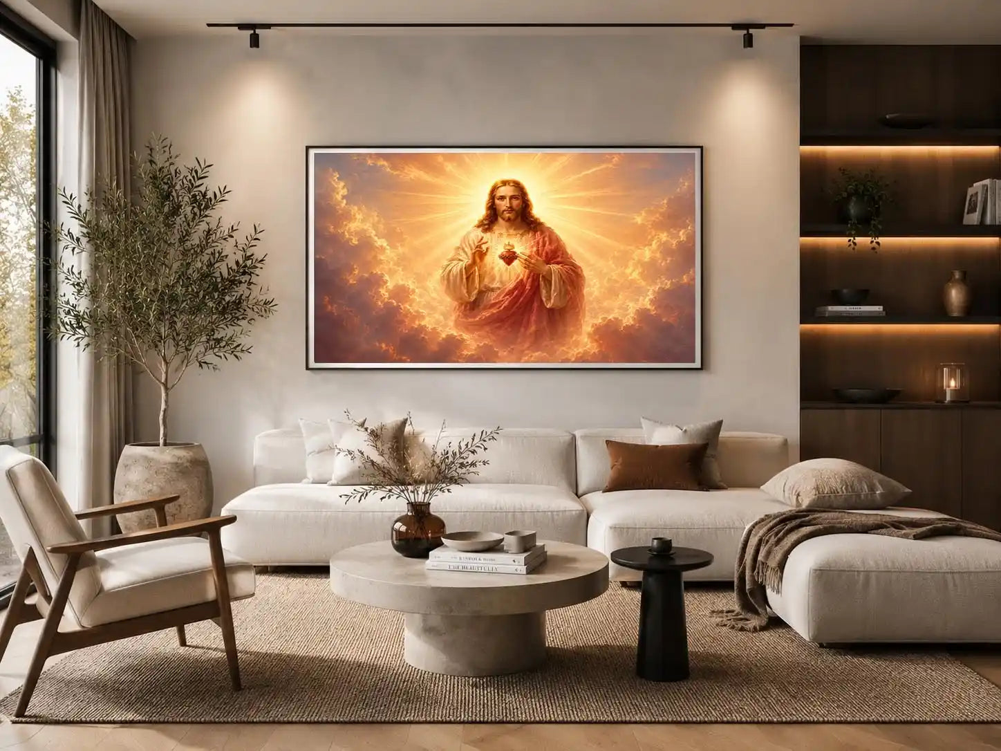 Golden Jesus sacred heart wall art for luxury living room decor.