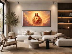 Golden Jesus sacred heart wall art for luxury living room decor.