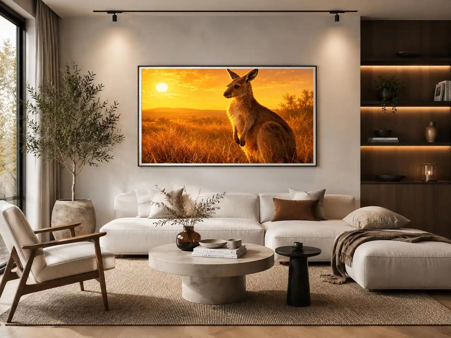 Golden kangaroo canvas art for warm modern living room decor.