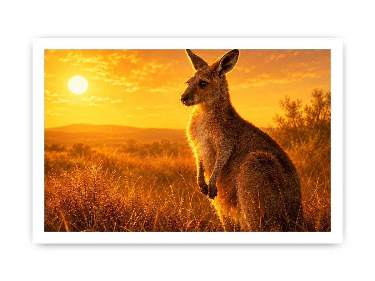 Golden kangaroo canvas art for warm modern living room decor.