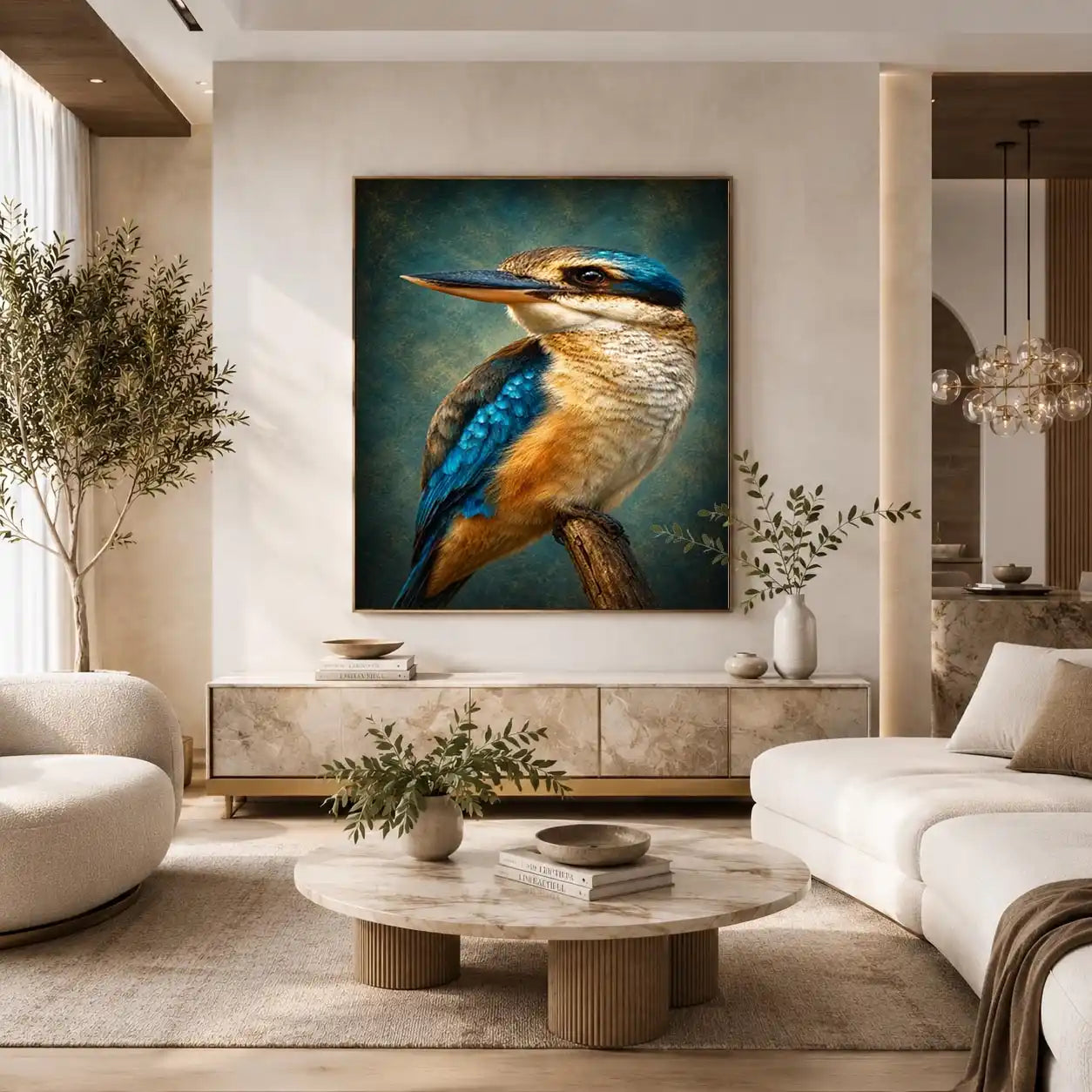 Vibrant kingfisher bird canvas art for modern living room decor.