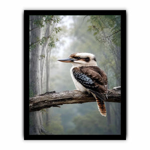 Kookaburra bird canvas art in misty forest for modern living room decor.