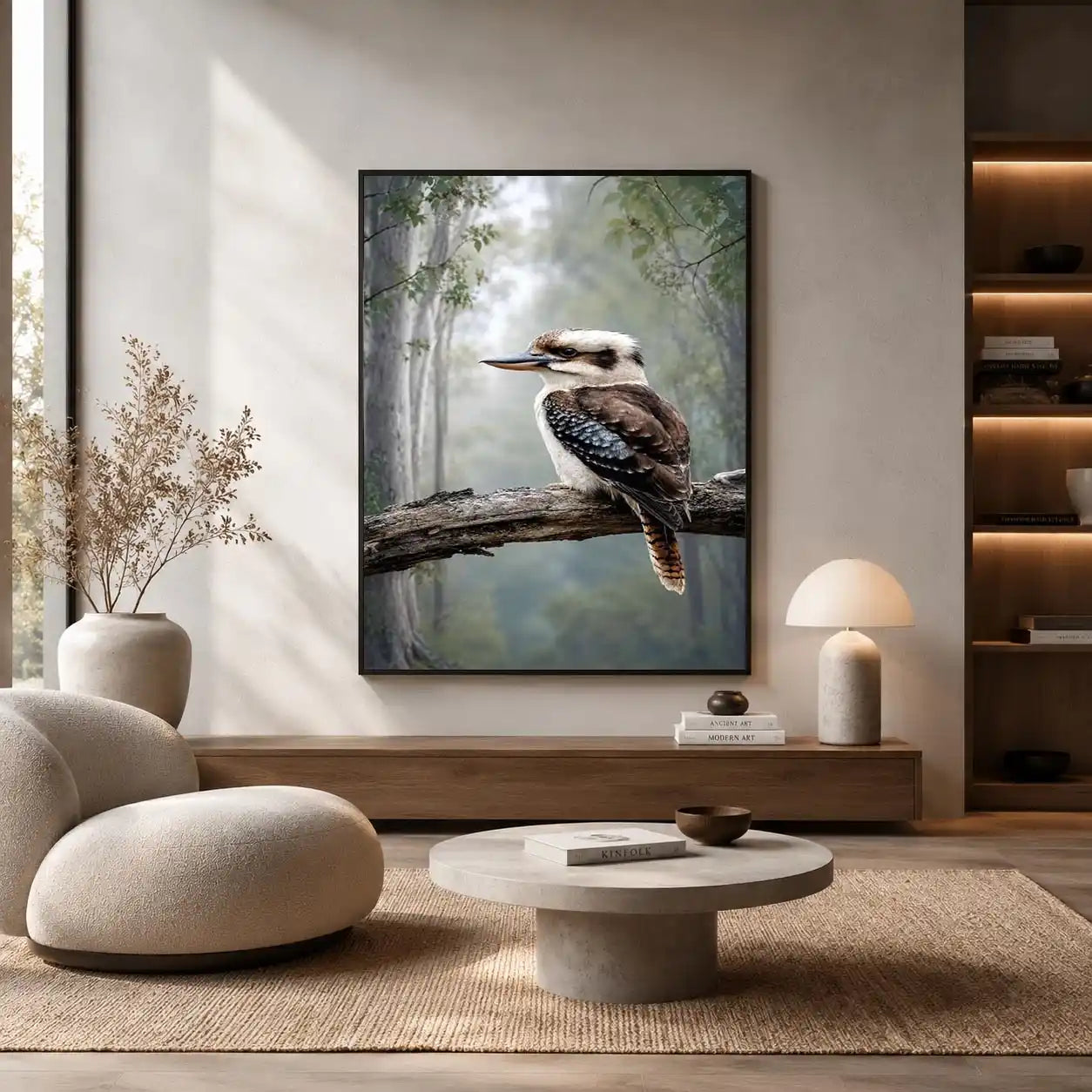 Kookaburra bird canvas art in misty forest for modern living room decor.