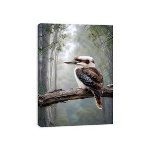 Kookaburra bird canvas art in misty forest for modern living room decor.