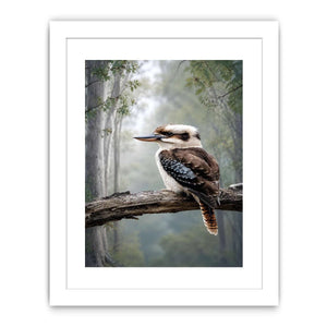 Kookaburra bird canvas art in misty forest for modern living room decor.