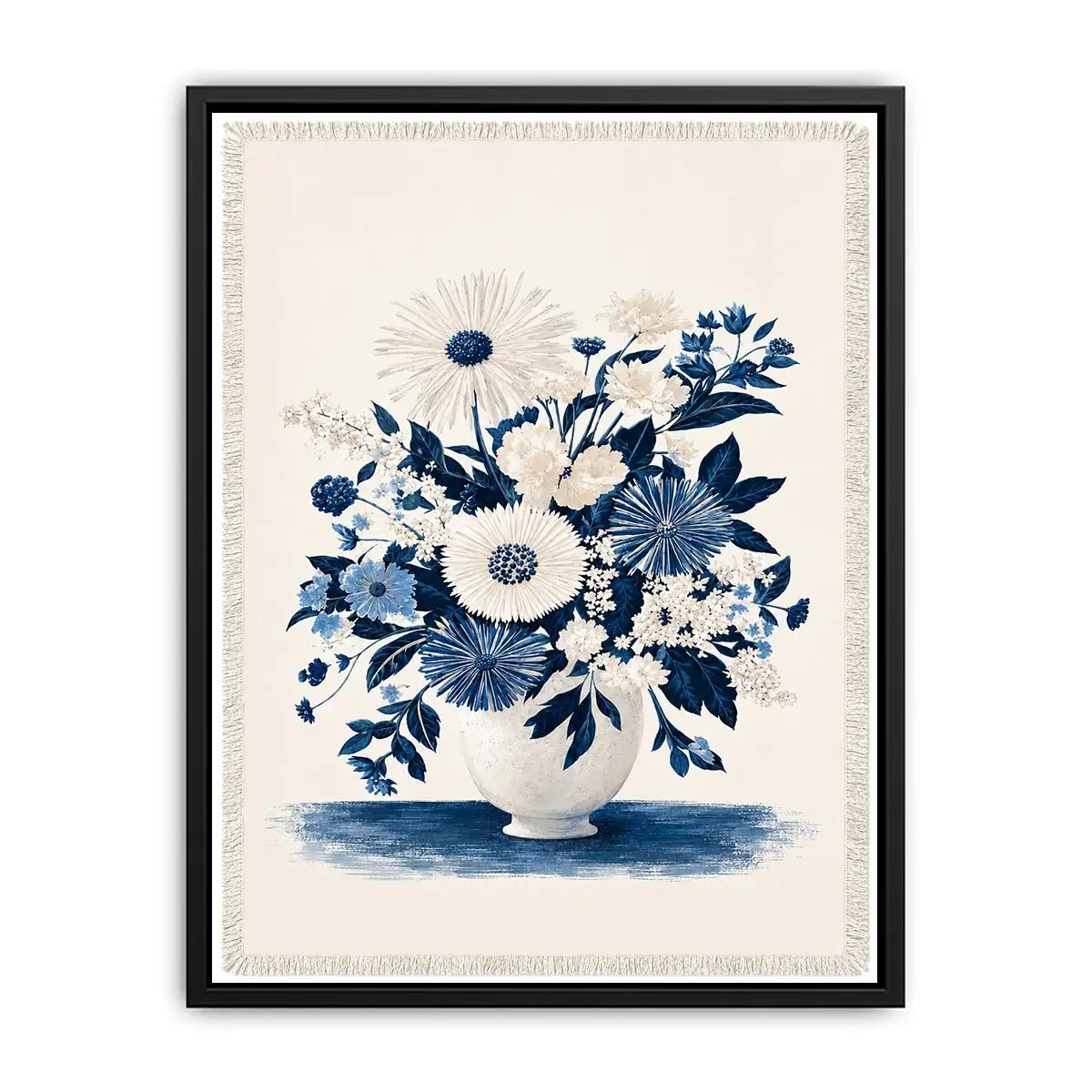 Blue and white floral canvas print for elegant bedroom wall decor.
