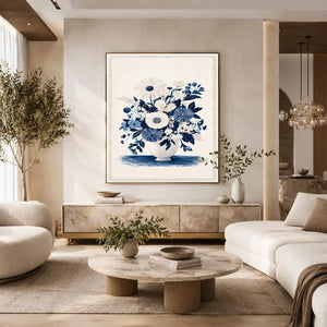 Blue and white floral canvas print for elegant bedroom wall decor.