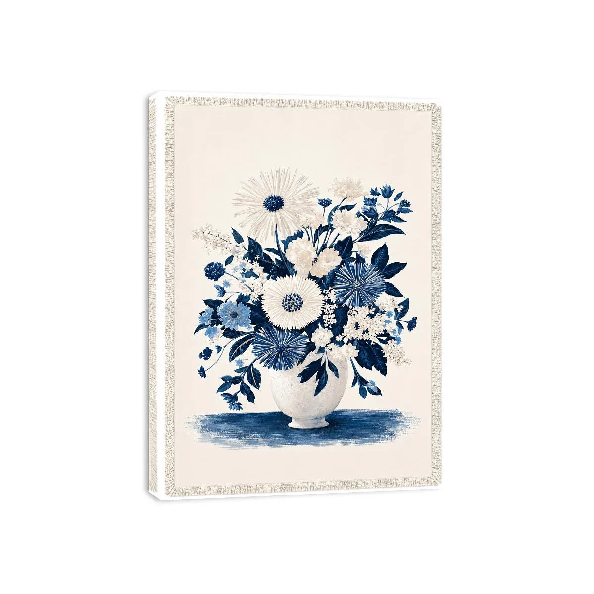 Blue and white floral canvas print for elegant bedroom wall decor.