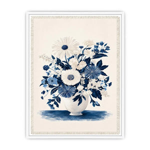 Blue and white floral canvas print for elegant bedroom wall decor.