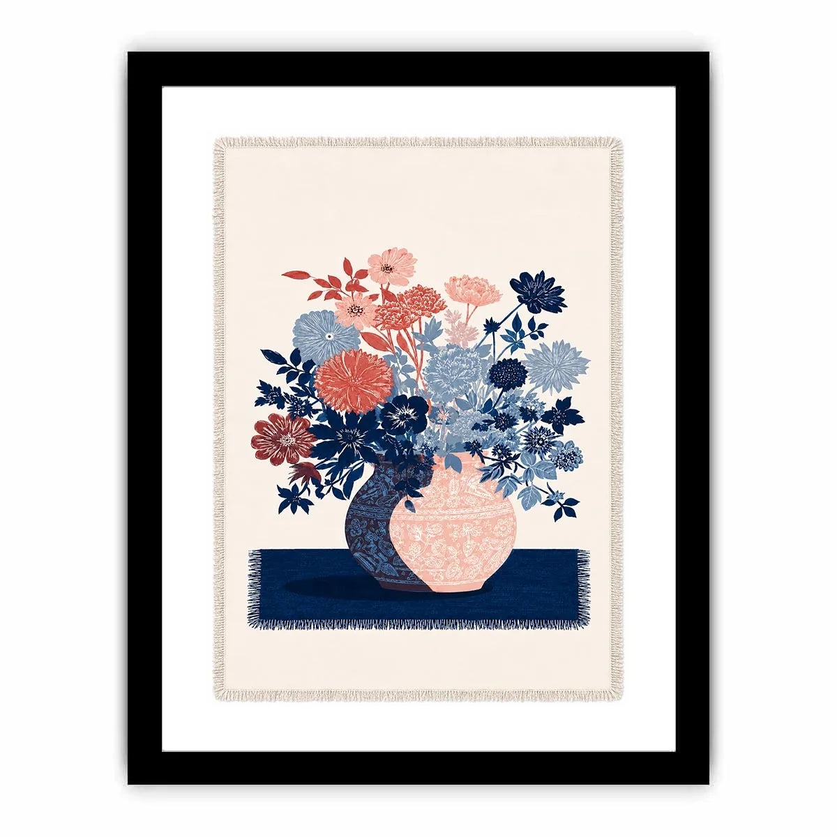 Pink and blue floral artwork in vase for modern living room decor.