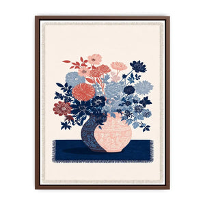 Pink and blue floral artwork in vase for modern living room decor.