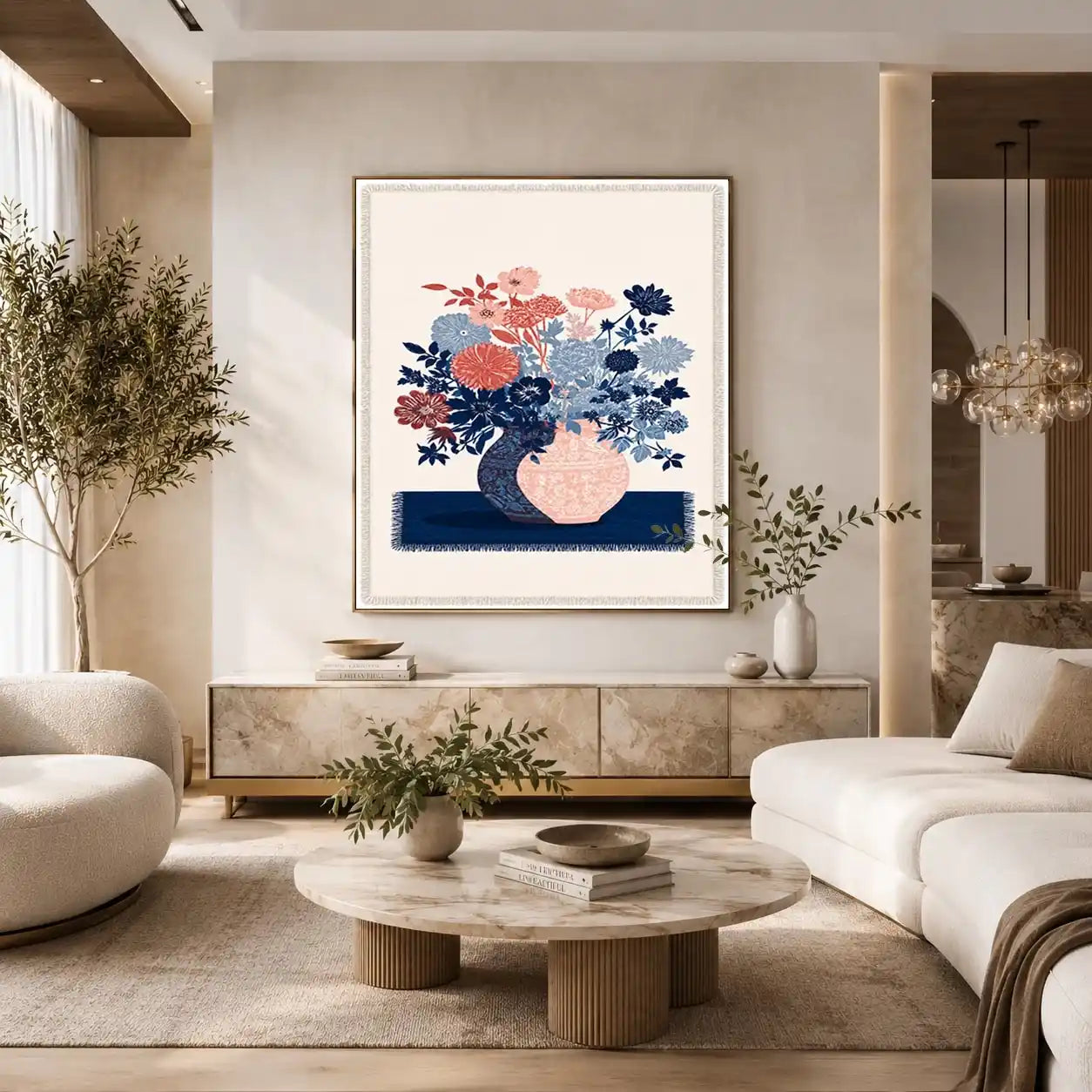 Pink and blue floral artwork in vase for modern living room decor.