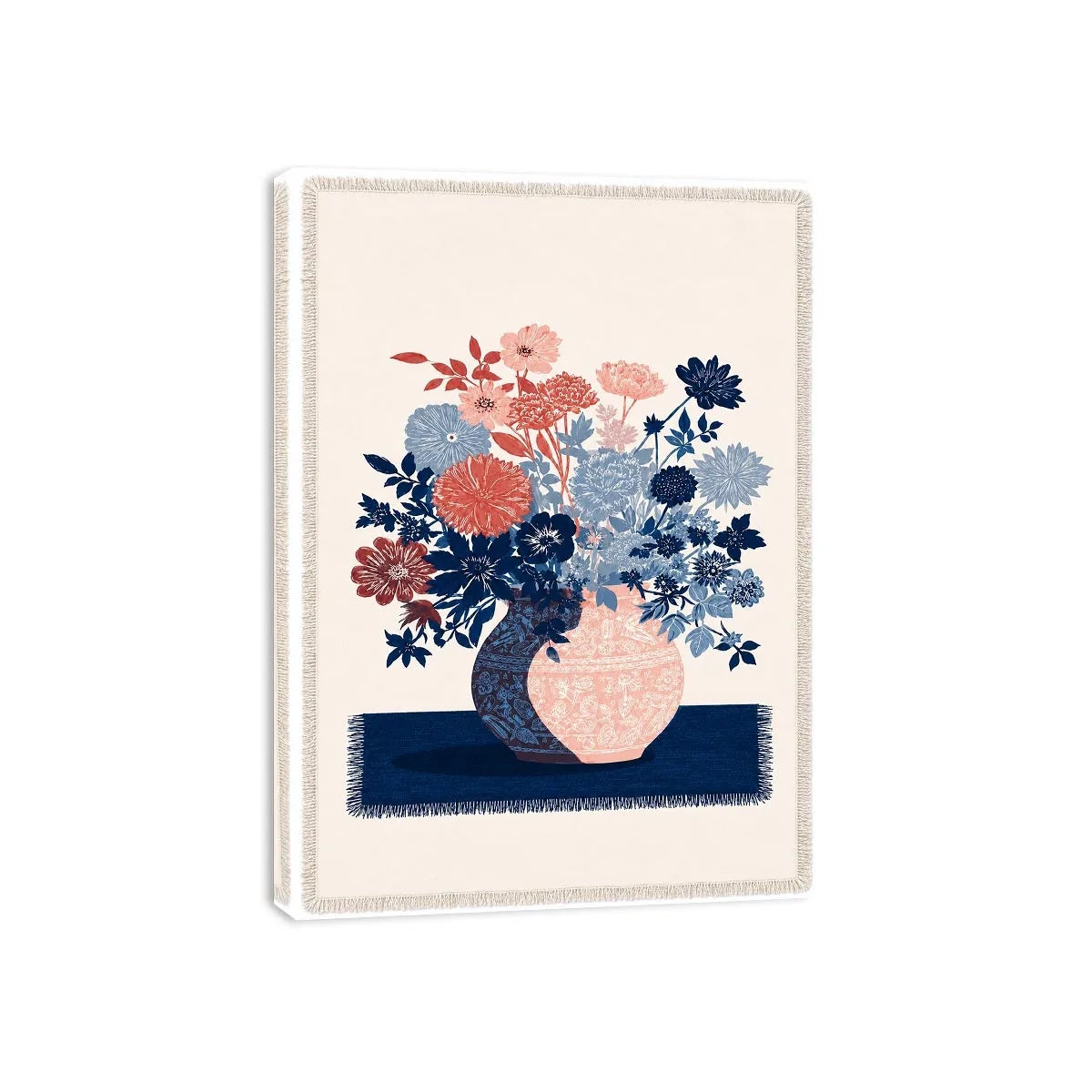 Pink and blue floral artwork in vase for modern living room decor.
