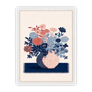 Pink and blue floral artwork in vase for modern living room decor.