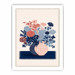 Pink and blue floral artwork in vase for modern living room decor.