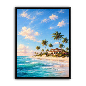 Tropical beach villa canvas art with palms for coastal living room decor.