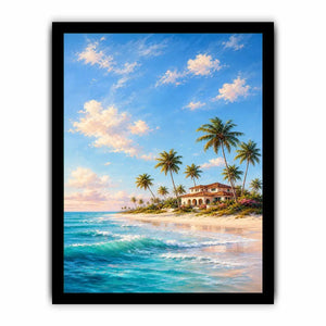 Tropical beach villa canvas art with palms for coastal living room decor.