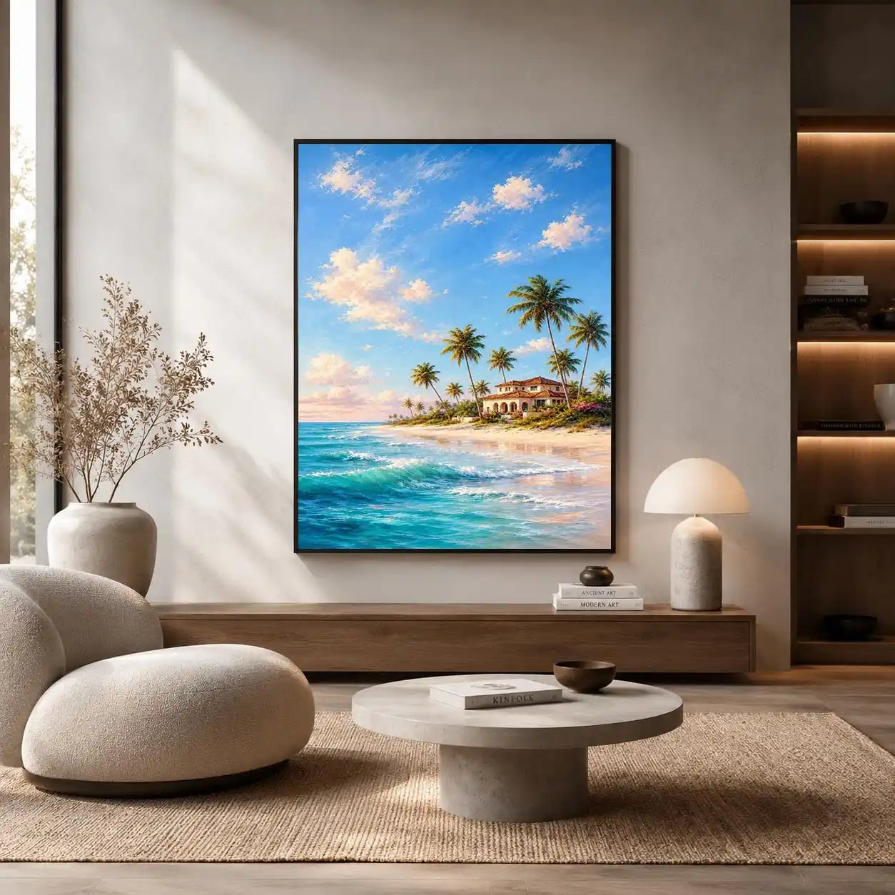 Tropical beach villa canvas art with palms for coastal living room decor.