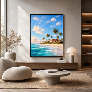 Tropical beach villa canvas art with palms for coastal living room decor.