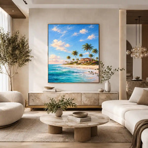 Tropical beach villa canvas art with palms for coastal living room decor.