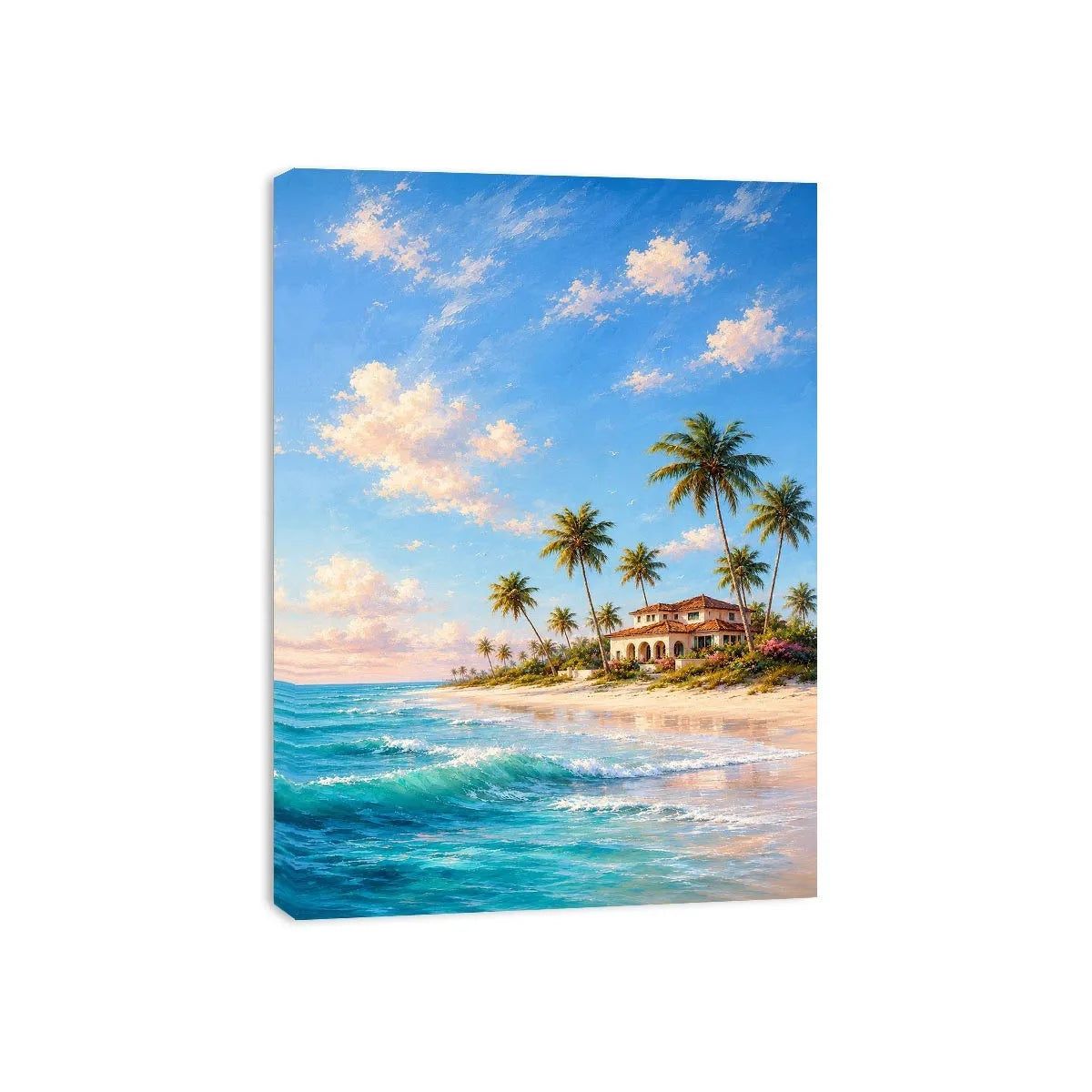 Tropical beach villa canvas art with palms for coastal living room decor.