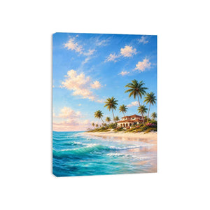 Tropical beach villa canvas art with palms for coastal living room decor.